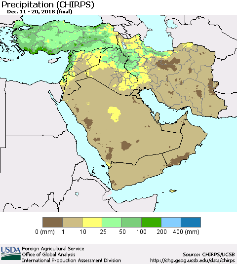 Middle East and Turkey Precipitation (CHIRPS) Thematic Map For 12/11/2018 - 12/20/2018