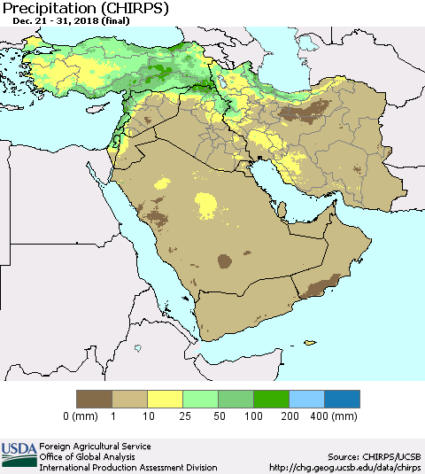 Middle East and Turkey Precipitation (CHIRPS) Thematic Map For 12/21/2018 - 12/31/2018