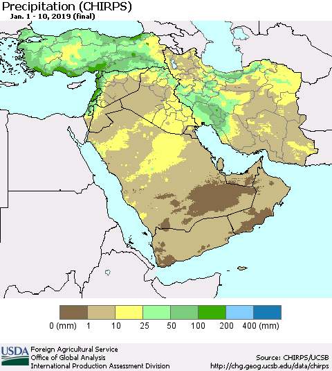 Middle East and Turkey Precipitation (CHIRPS) Thematic Map For 1/1/2019 - 1/10/2019