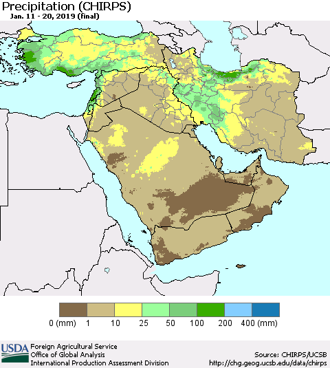 Middle East and Turkey Precipitation (CHIRPS) Thematic Map For 1/11/2019 - 1/20/2019