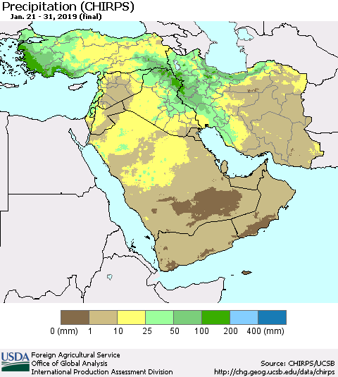 Middle East and Turkey Precipitation (CHIRPS) Thematic Map For 1/21/2019 - 1/31/2019