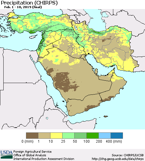 Middle East and Turkey Precipitation (CHIRPS) Thematic Map For 2/1/2019 - 2/10/2019