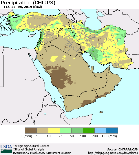 Middle East and Turkey Precipitation (CHIRPS) Thematic Map For 2/11/2019 - 2/20/2019