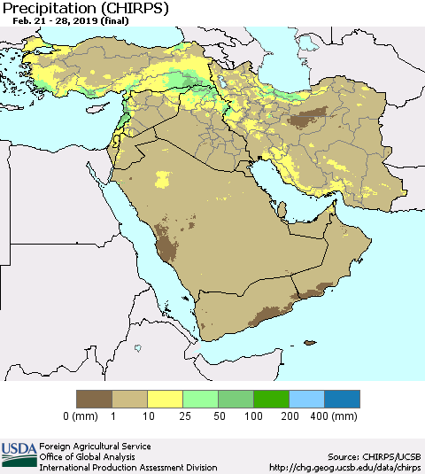 Middle East and Turkey Precipitation (CHIRPS) Thematic Map For 2/21/2019 - 2/28/2019