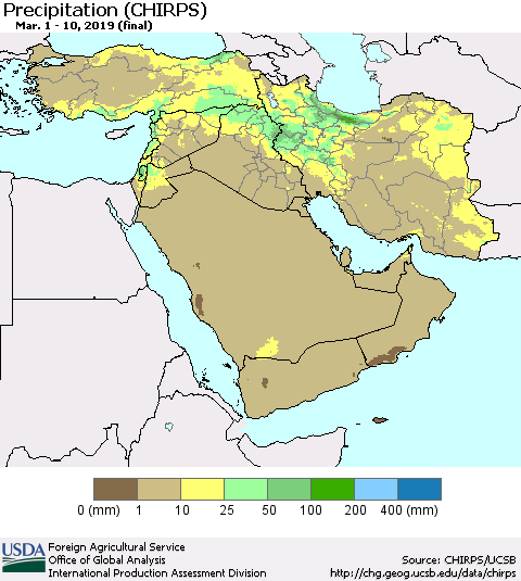 Middle East and Turkey Precipitation (CHIRPS) Thematic Map For 3/1/2019 - 3/10/2019