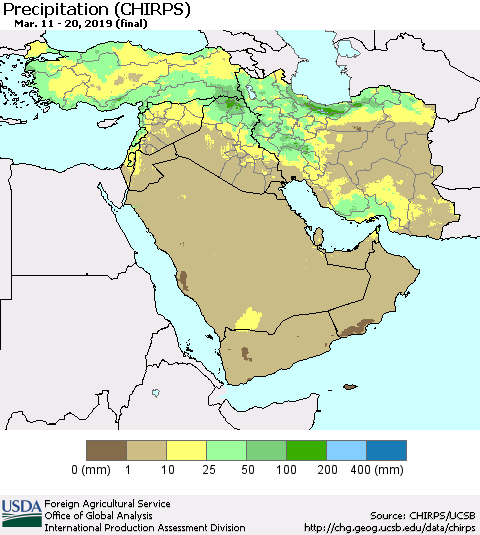 Middle East and Turkey Precipitation (CHIRPS) Thematic Map For 3/11/2019 - 3/20/2019