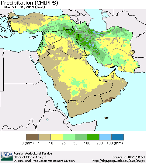 Middle East and Turkey Precipitation (CHIRPS) Thematic Map For 3/21/2019 - 3/31/2019