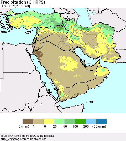 Middle East and Turkey Precipitation (CHIRPS) Thematic Map For 4/11/2019 - 4/20/2019