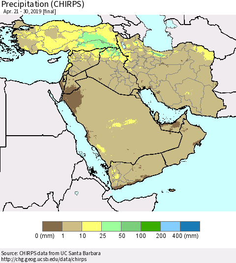 Middle East and Turkey Precipitation (CHIRPS) Thematic Map For 4/21/2019 - 4/30/2019