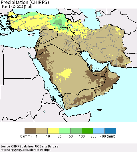 Middle East and Turkey Precipitation (CHIRPS) Thematic Map For 5/1/2019 - 5/10/2019