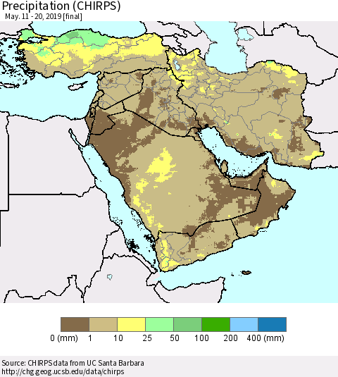 Middle East and Turkey Precipitation (CHIRPS) Thematic Map For 5/11/2019 - 5/20/2019