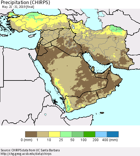 Middle East and Turkey Precipitation (CHIRPS) Thematic Map For 5/21/2019 - 5/31/2019
