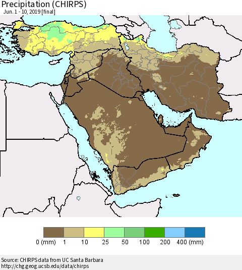 Middle East and Turkey Precipitation (CHIRPS) Thematic Map For 6/1/2019 - 6/10/2019