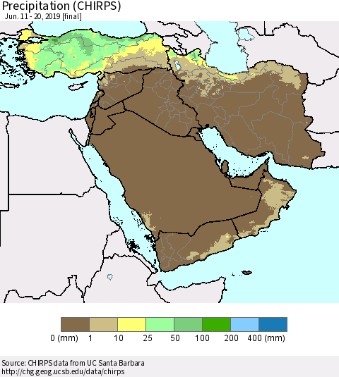Middle East and Turkey Precipitation (CHIRPS) Thematic Map For 6/11/2019 - 6/20/2019
