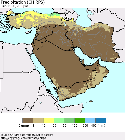 Middle East and Turkey Precipitation (CHIRPS) Thematic Map For 6/21/2019 - 6/30/2019