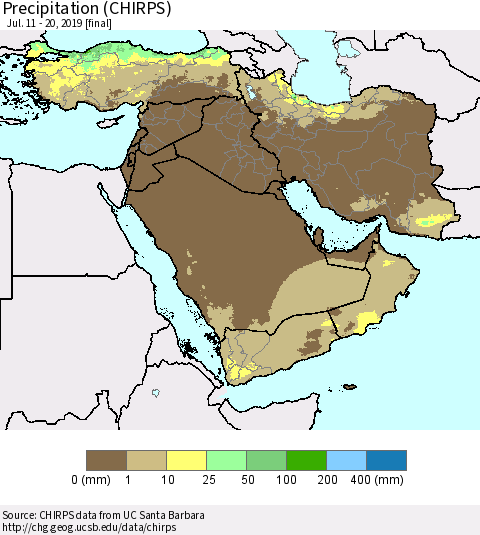 Middle East and Turkey Precipitation (CHIRPS) Thematic Map For 7/11/2019 - 7/20/2019