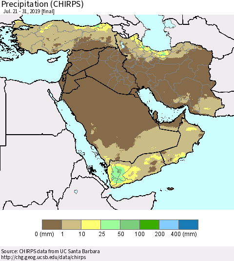 Middle East and Turkey Precipitation (CHIRPS) Thematic Map For 7/21/2019 - 7/31/2019