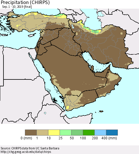Middle East and Turkey Precipitation (CHIRPS) Thematic Map For 9/1/2019 - 9/10/2019