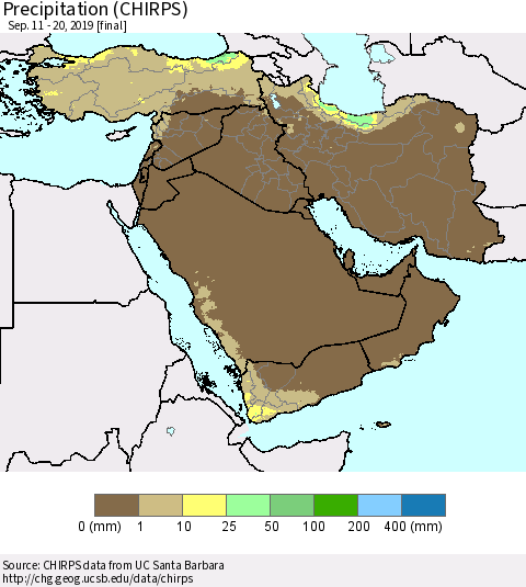 Middle East and Turkey Precipitation (CHIRPS) Thematic Map For 9/11/2019 - 9/20/2019