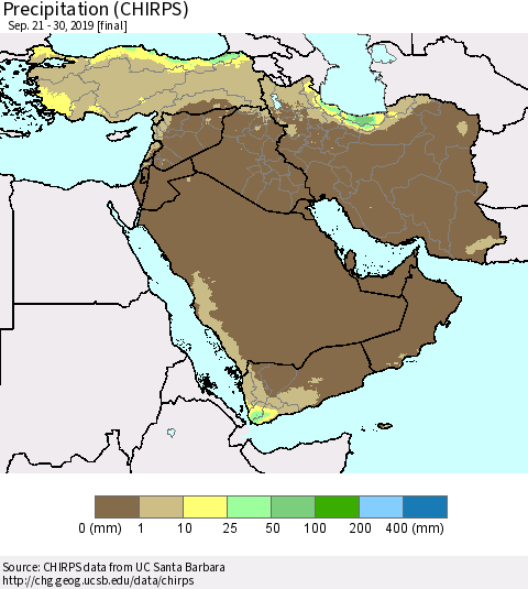 Middle East and Turkey Precipitation (CHIRPS) Thematic Map For 9/21/2019 - 9/30/2019