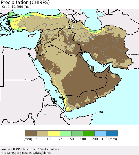 Middle East and Turkey Precipitation (CHIRPS) Thematic Map For 10/1/2019 - 10/10/2019