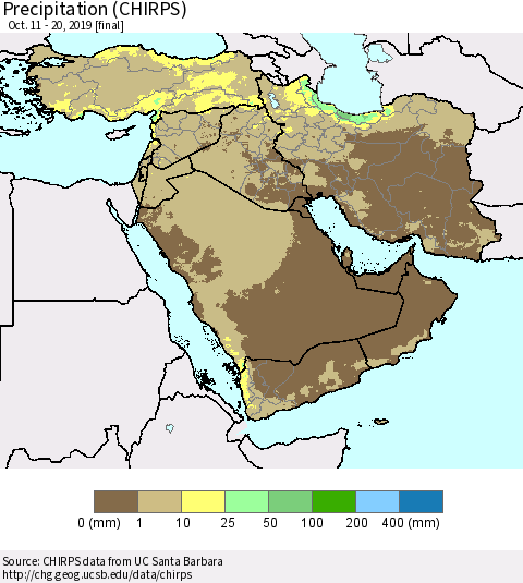 Middle East and Turkey Precipitation (CHIRPS) Thematic Map For 10/11/2019 - 10/20/2019