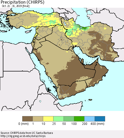 Middle East and Turkey Precipitation (CHIRPS) Thematic Map For 10/21/2019 - 10/31/2019