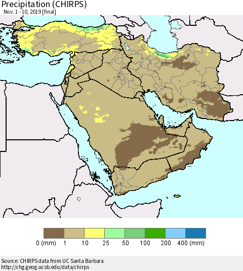 Middle East and Turkey Precipitation (CHIRPS) Thematic Map For 11/1/2019 - 11/10/2019