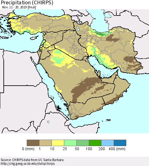 Middle East and Turkey Precipitation (CHIRPS) Thematic Map For 11/11/2019 - 11/20/2019