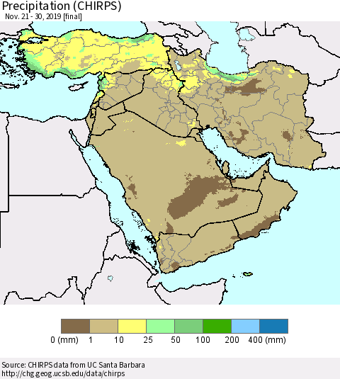 Middle East and Turkey Precipitation (CHIRPS) Thematic Map For 11/21/2019 - 11/30/2019