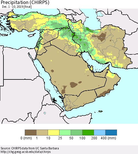 Middle East and Turkey Precipitation (CHIRPS) Thematic Map For 12/1/2019 - 12/10/2019