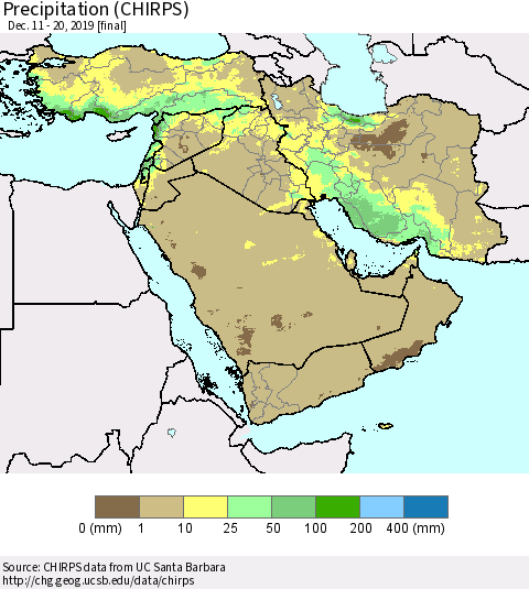 Middle East and Turkey Precipitation (CHIRPS) Thematic Map For 12/11/2019 - 12/20/2019