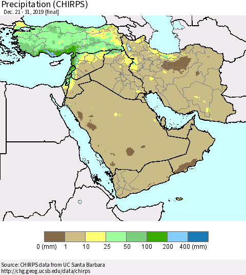 Middle East and Turkey Precipitation (CHIRPS) Thematic Map For 12/21/2019 - 12/31/2019