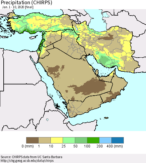Middle East and Turkey Precipitation (CHIRPS) Thematic Map For 1/1/2020 - 1/10/2020