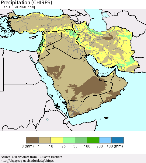 Middle East and Turkey Precipitation (CHIRPS) Thematic Map For 1/11/2020 - 1/20/2020