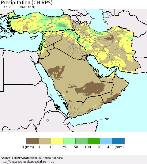 Middle East and Turkey Precipitation (CHIRPS) Thematic Map For 1/21/2020 - 1/31/2020