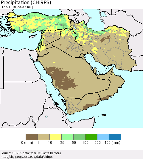 Middle East and Turkey Precipitation (CHIRPS) Thematic Map For 2/1/2020 - 2/10/2020
