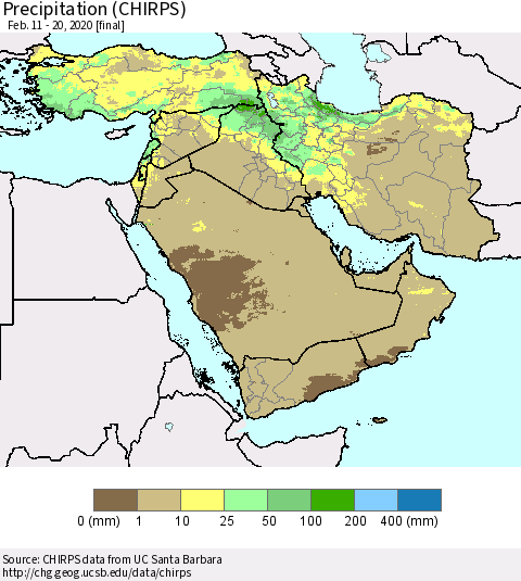 Middle East and Turkey Precipitation (CHIRPS) Thematic Map For 2/11/2020 - 2/20/2020