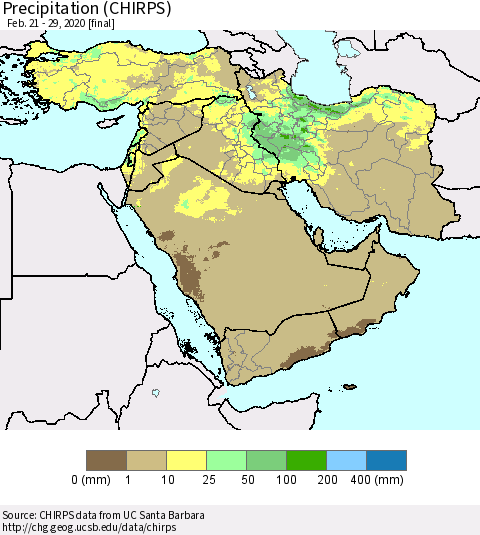 Middle East and Turkey Precipitation (CHIRPS) Thematic Map For 2/21/2020 - 2/29/2020