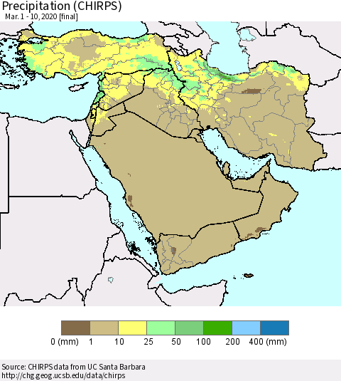 Middle East and Turkey Precipitation (CHIRPS) Thematic Map For 3/1/2020 - 3/10/2020
