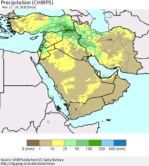 Middle East and Turkey Precipitation (CHIRPS) Thematic Map For 3/11/2020 - 3/20/2020