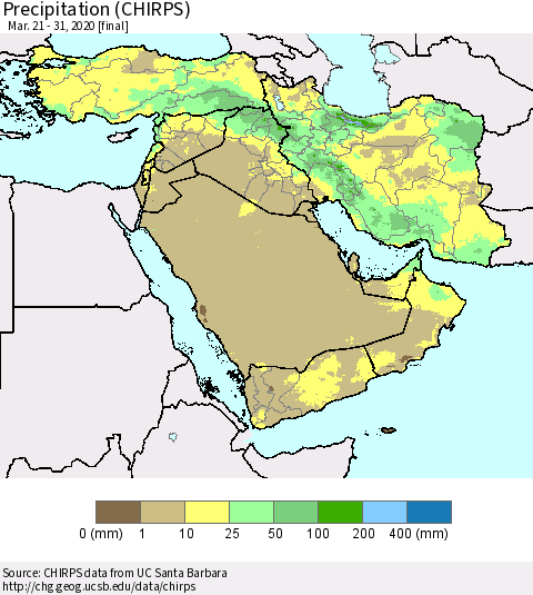 Middle East and Turkey Precipitation (CHIRPS) Thematic Map For 3/21/2020 - 3/31/2020