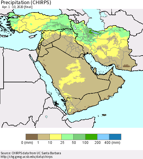 Middle East and Turkey Precipitation (CHIRPS) Thematic Map For 4/1/2020 - 4/10/2020