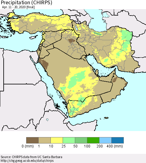 Middle East and Turkey Precipitation (CHIRPS) Thematic Map For 4/11/2020 - 4/20/2020