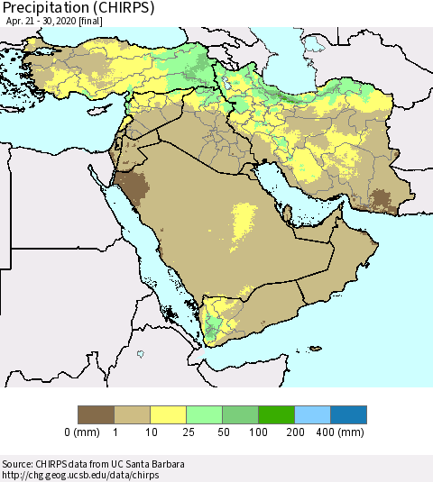 Middle East and Turkey Precipitation (CHIRPS) Thematic Map For 4/21/2020 - 4/30/2020