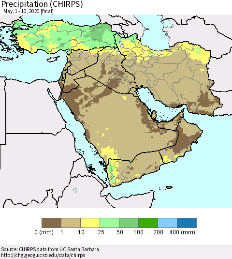Middle East and Turkey Precipitation (CHIRPS) Thematic Map For 5/1/2020 - 5/10/2020