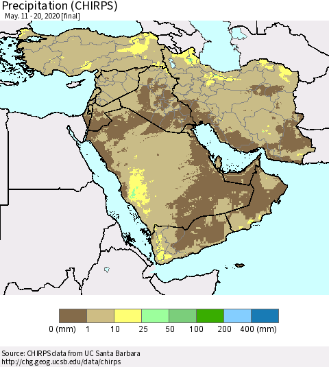 Middle East and Turkey Precipitation (CHIRPS) Thematic Map For 5/11/2020 - 5/20/2020