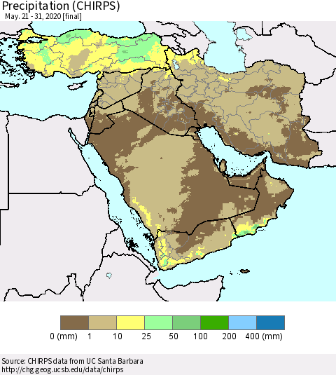 Middle East and Turkey Precipitation (CHIRPS) Thematic Map For 5/21/2020 - 5/31/2020