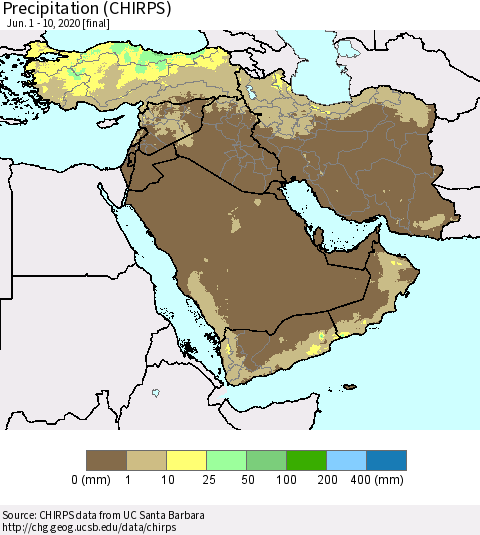 Middle East and Turkey Precipitation (CHIRPS) Thematic Map For 6/1/2020 - 6/10/2020