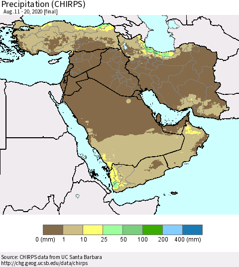 Middle East and Turkey Precipitation (CHIRPS) Thematic Map For 8/11/2020 - 8/20/2020